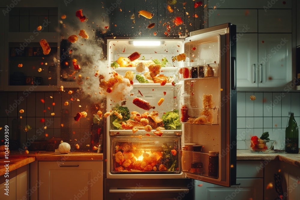 A kitchen with a refrigerator that is open and has food inside A kitchen with a refrigerator that is open and has food inside