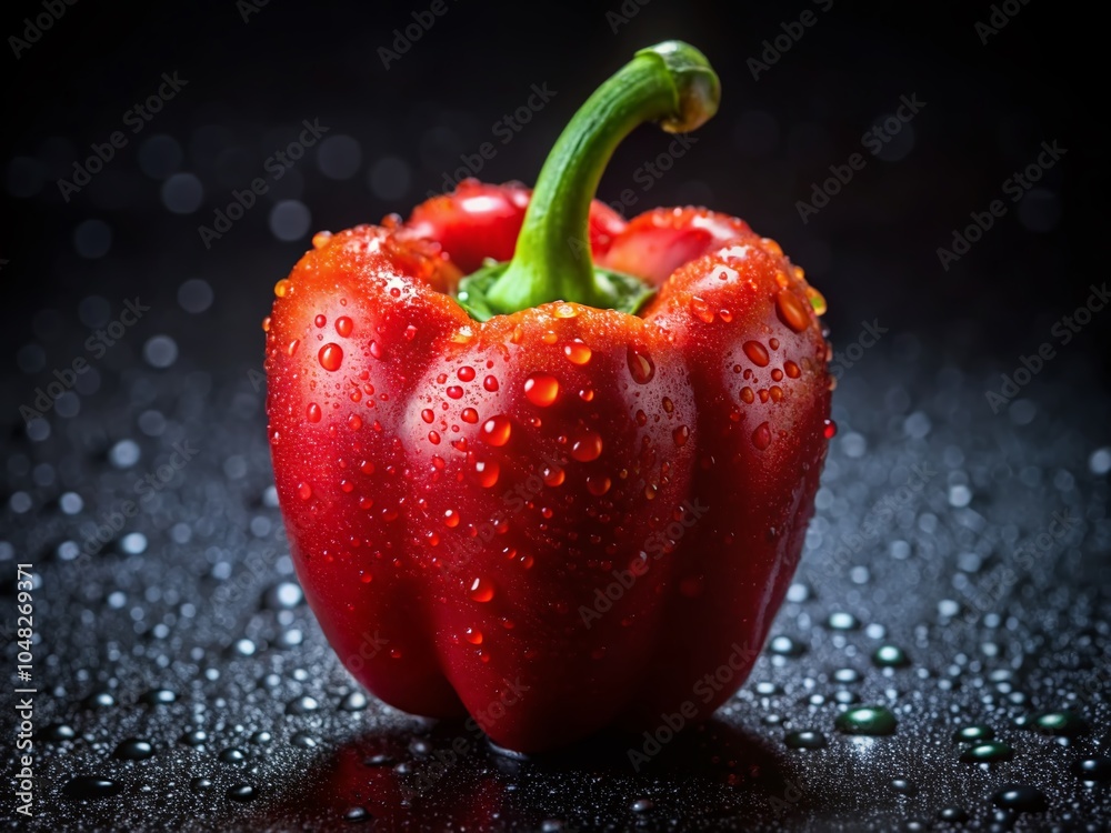 Ripe Fresh Red Sweet Pepper with Water Drops and Splashes on Dark Background for Urban Exploration Photography Ripe Fresh Red Sweet Pepper with Water Drops and Splashes on Dark Background for Urban Exploration Photography