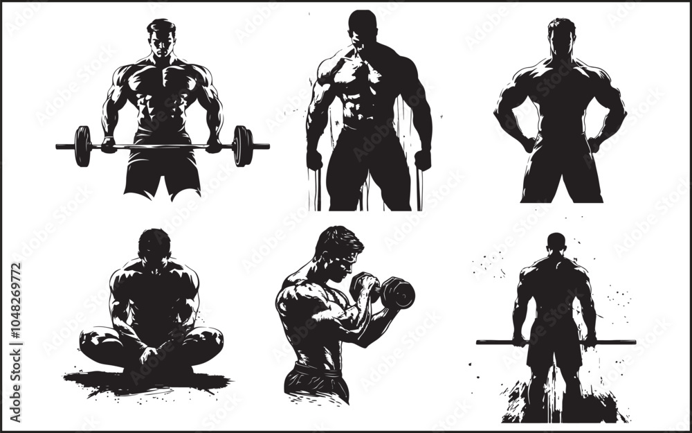 Obraz premium Gym Fitness silhouette vector black white background