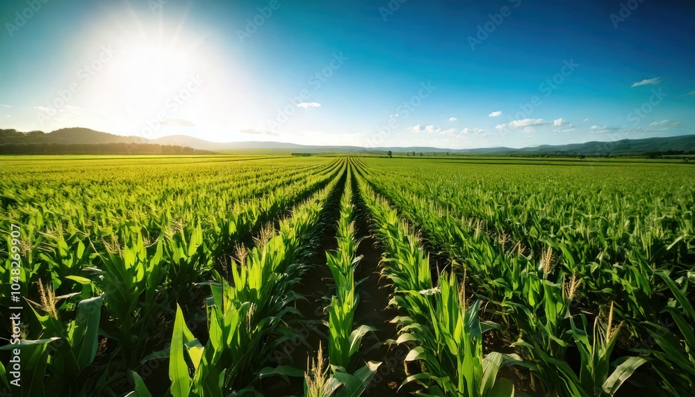 A Vibrant, Sprawling Cornfield Stretches Across the Landscape, Rows of Healthy Green Corn A Vibrant, Sprawling Cornfield Stretches Across the Landscape, Rows of Healthy Green Corn