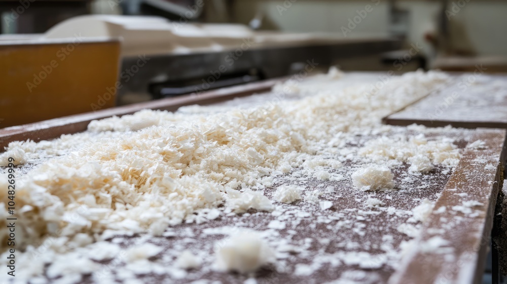 Shavings on Wooden Table in Workshop Setting Shavings on Wooden Table in Workshop Setting
