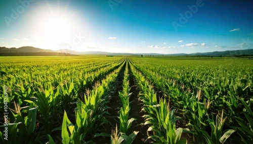 A Vibrant, Sprawling Cornfield Stretches Across the Landscape, Rows of Healthy Green Corn