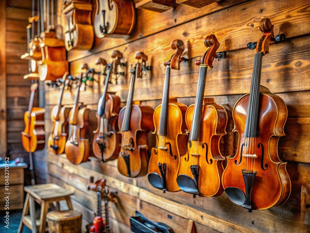 Fototapeta premium Row of Elegant Violins in a Musician Workshop with High Depth of Field