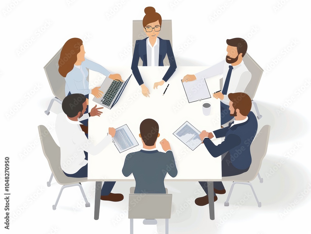 Illustration of business people sitting around a table, discussing work during a meeting in an office. Illustration of business people sitting around a table, discussing work during a meeting in an office.