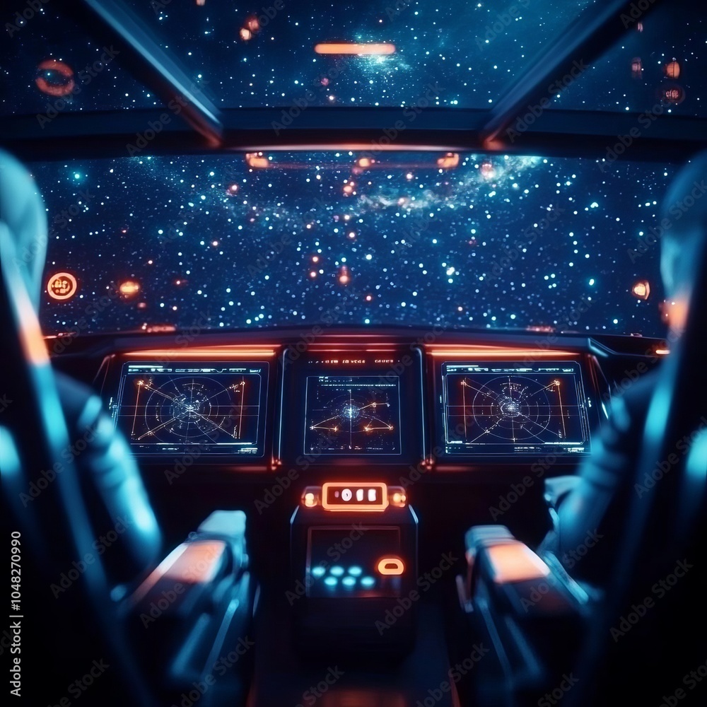 Spaceship cockpit surrounded by holographic star charts, crew plotting a course through a star system Spaceship cockpit surrounded by holographic star charts, crew plotting a course through a star system