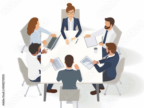 Illustration of business people sitting around a table, discussing work during a meeting in an office.