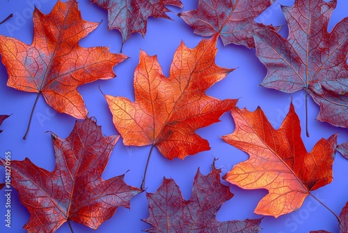 Hyber realistic photo of  Pattern of dry orange metallic leaves on violet background  , copy space for text, photo