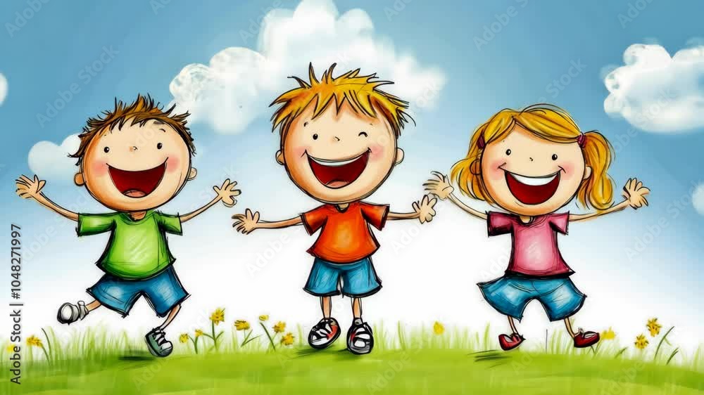 Three happy children stand in a field on a sunny day, with arms outstretched and wide smiles Three happy children stand in a field on a sunny day, with arms outstretched and wide smiles