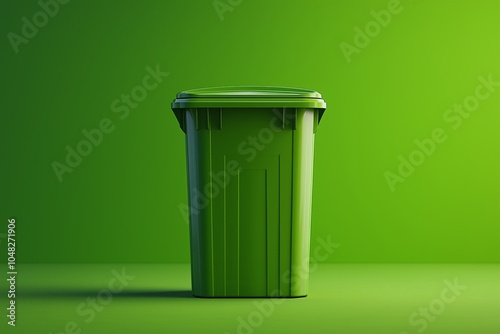 Green recycling bin with a black lid, presented against a monochromatic green backdrop for contrast