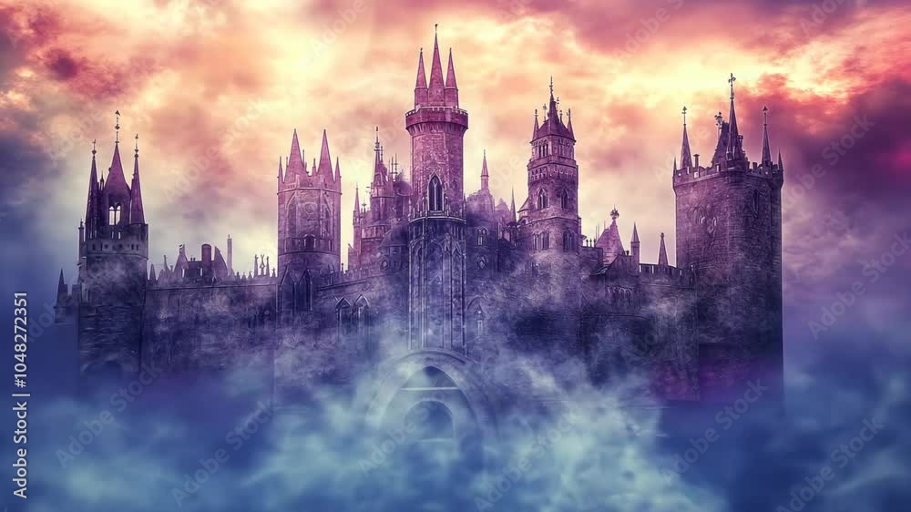 A grand, stone castle rises above the clouds, its towers reaching towards the sky