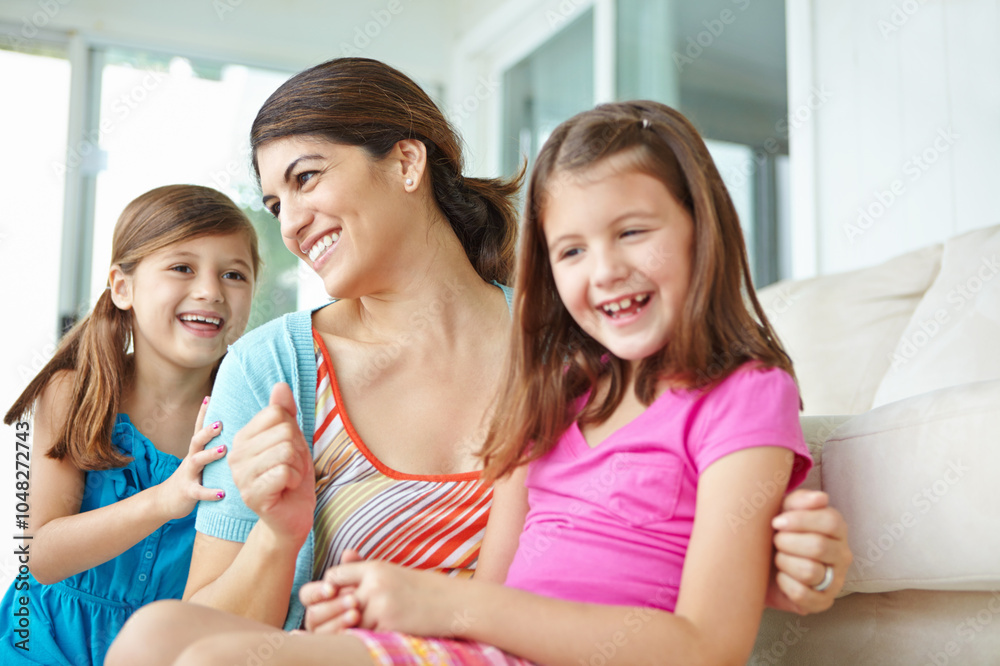 Family, children and happy with mother on sofa for support, development or bonding on weekend. Laugh, love and girl kids with smile by woman at home for care, connection or relaxing with fun together Family, children and happy with mother on sofa for support, development or bonding on weekend. Laugh, love and girl kids with smile by woman at home for care, connection or relaxing with fun together