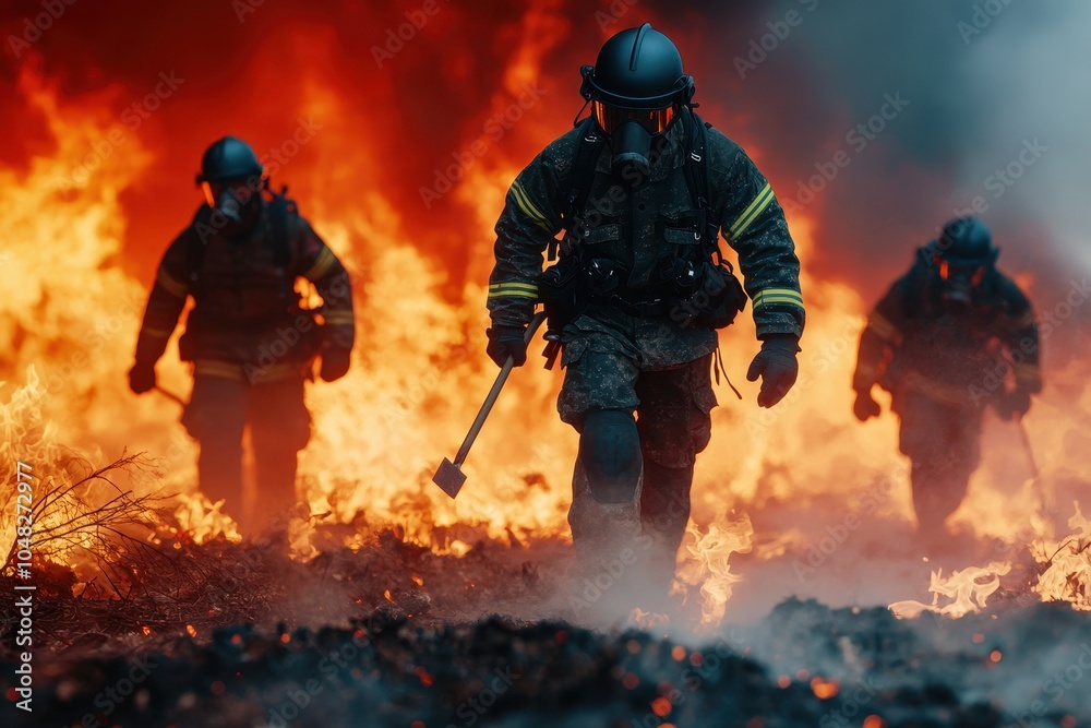 Fototapeta premium Firefighters battling intense flames, dramatic action scene, smoke and fire engulfing surroundings