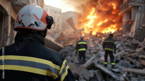 Firefighter responding to emergency in a disaster zone with flames and debris.