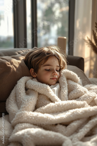 A young child is peacefully sleeping on a couch, wrapped in a white fur blanket