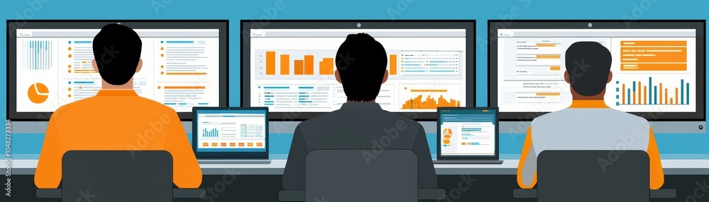 Business Professionals Analyzing Data on Multiple Screens Business Professionals Analyzing Data on Multiple Screens
