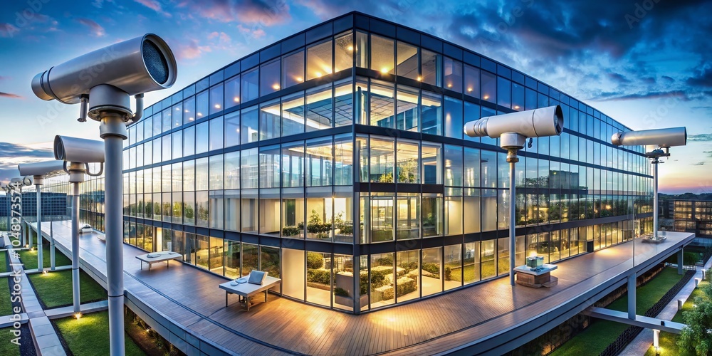 Fototapeta premium Security CCTV Camera in Modern Office Building - Panoramic View for Enhanced Surveillance