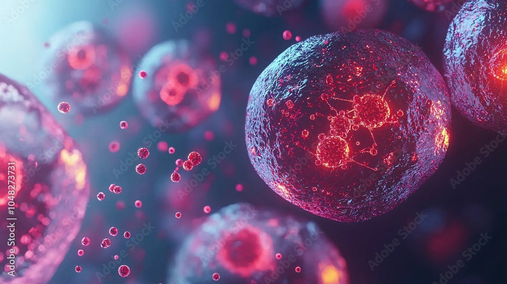 Naklejka premium Microscopic Cells and Glowing Organelles