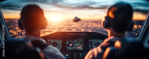 Spaceship simulator displaying a rescue mission, crew preparing for an emergency landing on an uncharted planet photo