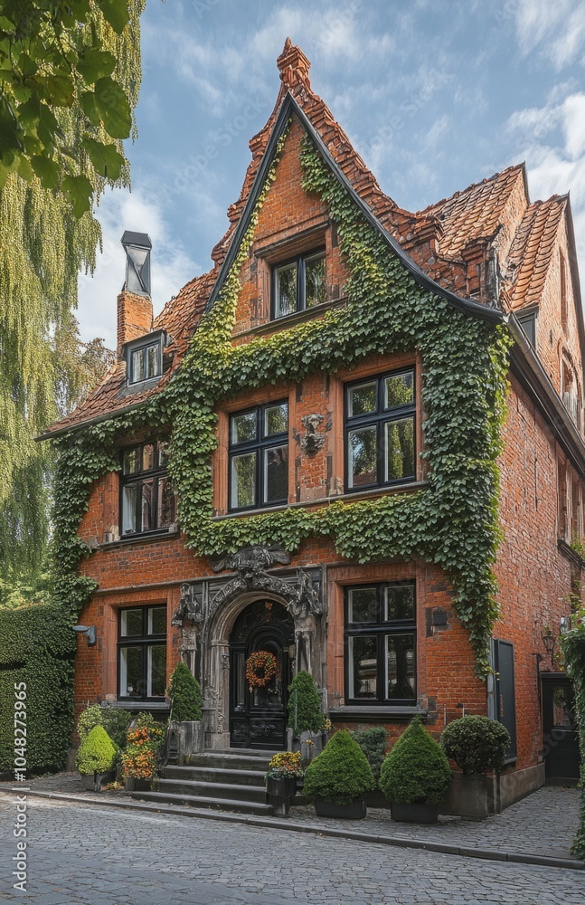Obraz premium Historic Red Brick Building Covered in Ivy in Urban Setting