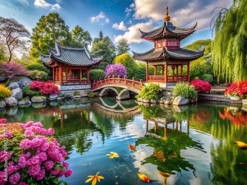 Serene Chinese Garden with Tranquil Lake Reflections - Nature's Beauty in Harmony