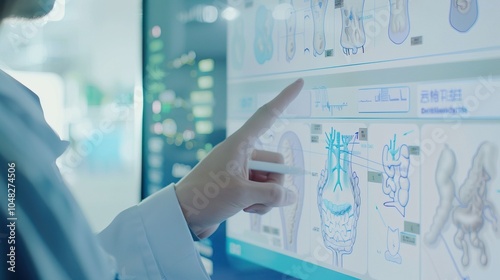 Doctor explaining colon health to patient, using detailed diagram to illustrate key points, emphasizing the importance of preventive care and early detection in medical consultations.