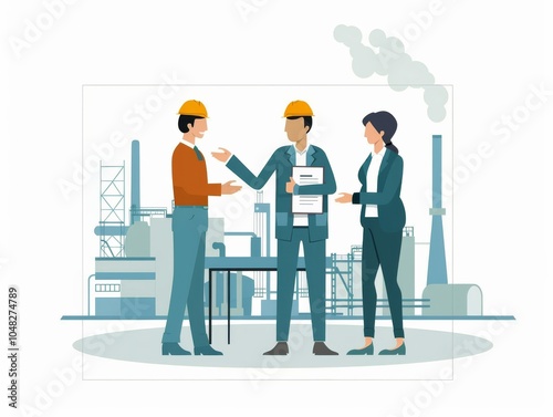 Illustration of worker and safety man people stand beside petrochemical plant production discussing work during a meeting in an prodoction plant with background.