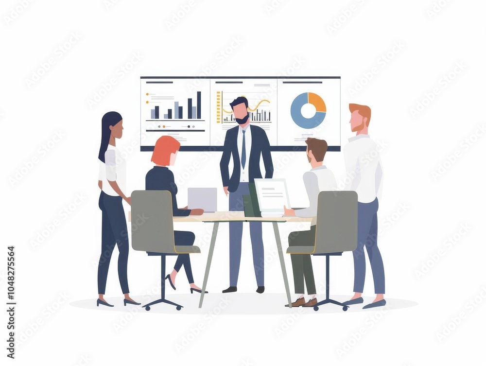 Illustration of business people stand around a table, discussing work during a meeting in an office with a visual broad background. Leader standing in front of them to present performance dashboard. Illustration of business people stand around a table, discussing work during a meeting in an office with a visual broad background. Leader standing in front of them to present performance dashboard.