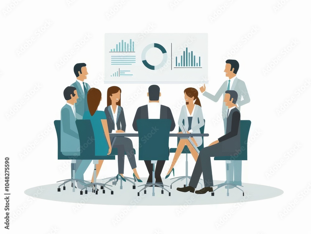 Illustration of business people stand around a table, discussing work during a meeting in an office with a visual broad background. Leader standing in front of them to present performance dashboard. Illustration of business people stand around a table, discussing work during a meeting in an office with a visual broad background. Leader standing in front of them to present performance dashboard.