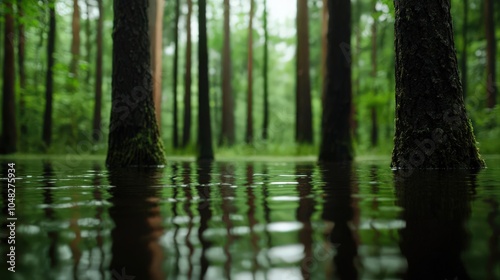 Swamp with still water and mosscovered trees, creating an eerie and mysterious atmosphere, swamp, untamed nature photo