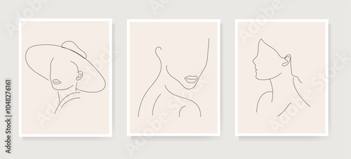 Set of minimalist women face portrait. Female linear design. Modern abstract one line art style. Good for poster, wall art, print, cover design. Editable stroke