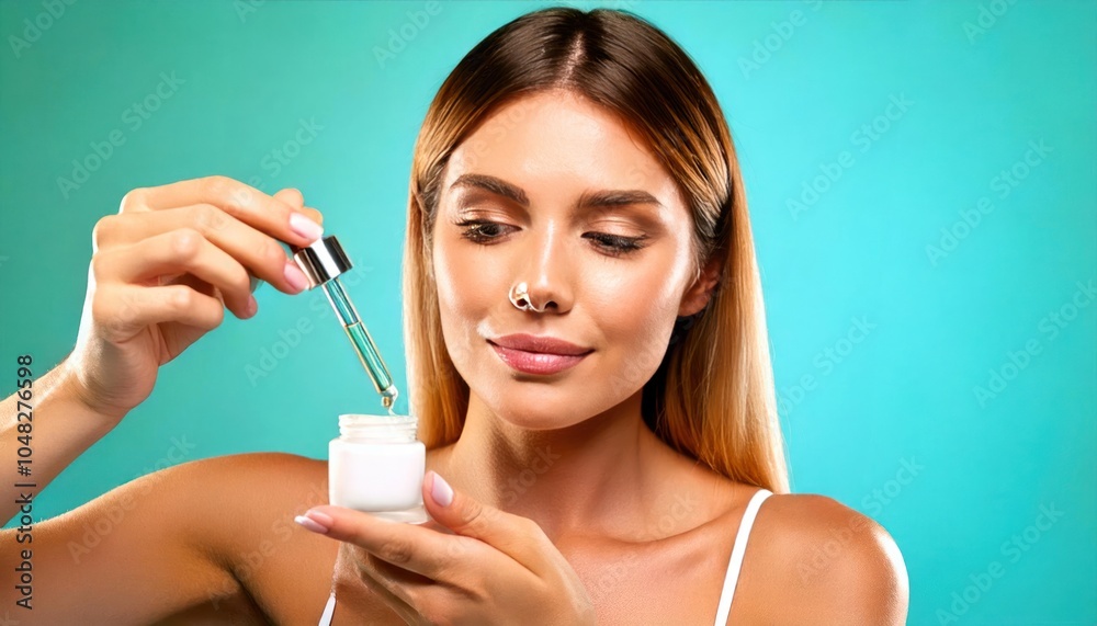 Fototapeta premium A young woman with radiant skin slowly applies skincare to her face, showing off her healthy