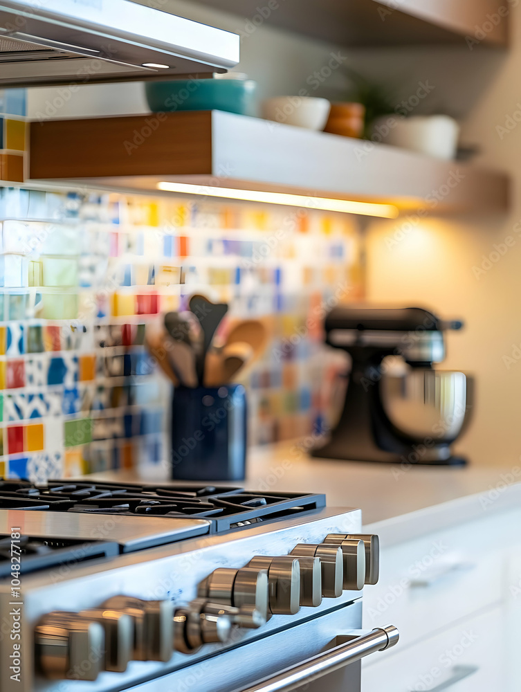 A close-up of a modern kitchen featuring colorful backsplash. Kitchen Stove A close-up of a modern kitchen featuring colorful backsplash. Kitchen Stove