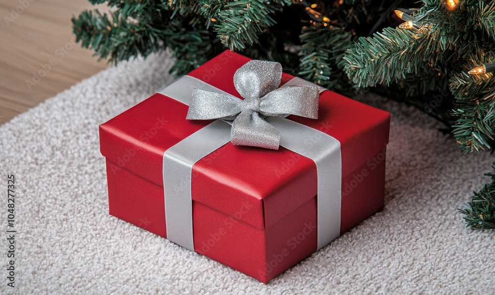 Close-Up of a Red Gift Box with Silver Ribbon Bow Under a Christmas Tree Close-Up of a Red Gift Box with Silver Ribbon Bow Under a Christmas Tree