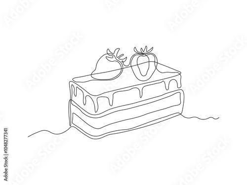 piece of dessert , cake with berries. continuous single line art drawing sketch, logo