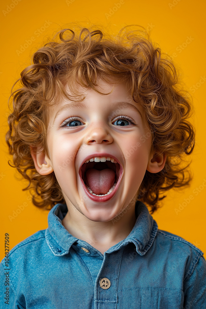 A young child with curly hair and blue eyes is smiling and showing their teeth A young child with curly hair and blue eyes is smiling and showing their teeth
