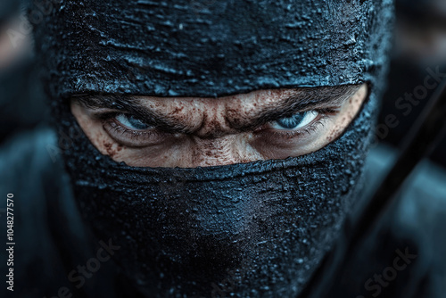 A person's piercing blue eyes and intense expression cut through the atmosphere as they don a ninja mask, creating a haunting mysterious energy. photo