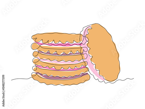 dessert,a stack of cookies with cream. continuous single line art drawing sketch, logo