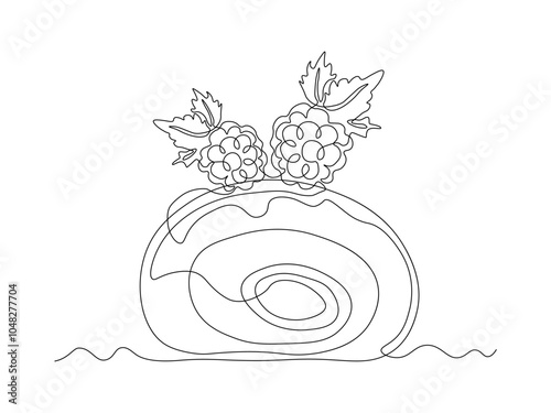 piece of dessert , cake, roll with berries. continuous single line art drawing sketch, logo