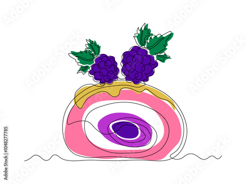 piece of dessert , cake, roll with berries. continuous single line art drawing sketch, logo