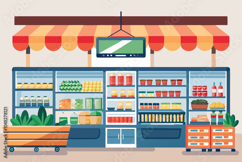 Supermarket Shelves, Showcases, Stands, Trolleys, Baskets, and Fridges - Contemporary Vector Set.