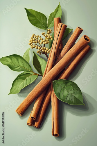 A digital illustration of cinnamon sticks and leaves, with a focus on the natural and organic textures and colors photo