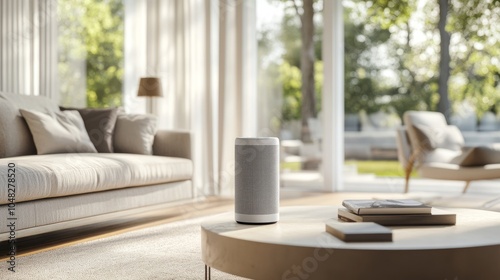 An elegant living room with smart speakers integrated into the decor. The bright, modern design leaves space on the left for text or branding