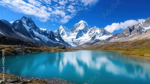 Turquoise alpine lake surrounded by jagged peaks and glaciers, alpine lake, breathtaking scenery