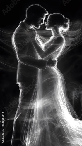 A couple dancing tango, ghostly and ethereal figures swirling around them in the darkness