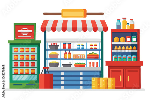 Supermarket Shelves, Showcases, Stands, Trolleys, Baskets, and Fridges - Contemporary Vector Set.