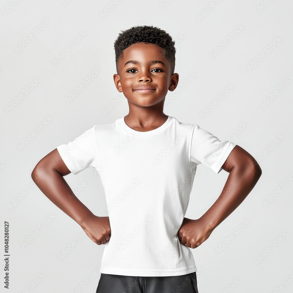Confident boy smiling with hands on hips, wearing a white t-shirt, gray background. Confident boy smiling with hands on hips, wearing a white t-shirt, gray background.
