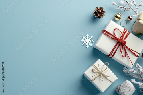 Christmas Flat Lay with Miniature Wrapped Gifts and Festive Decor photo