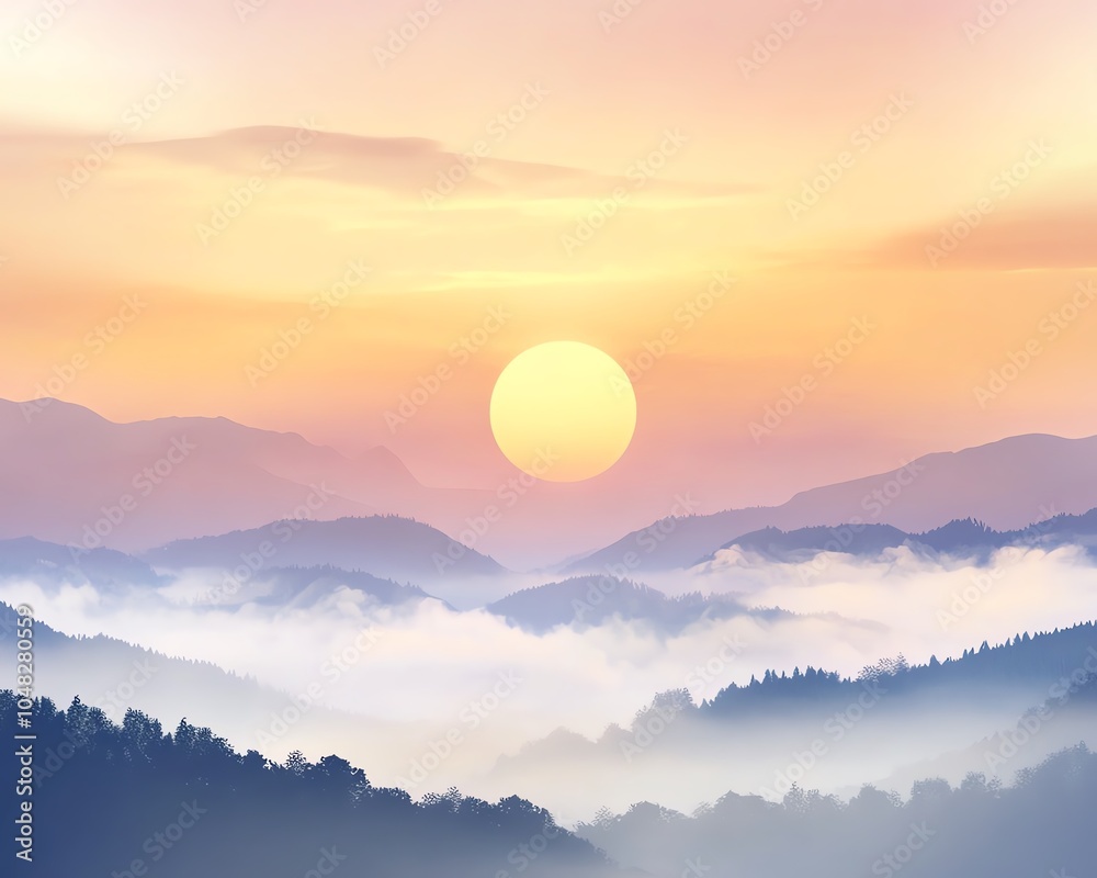 Fototapeta premium Sunset over misty mountains, serene view