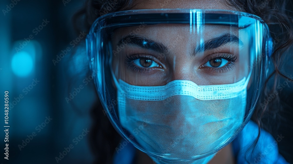 Nurse in Protective Gear Illuminated by Blue Light in a Dark Setting Nurse in Protective Gear Illuminated by Blue Light in a Dark Setting