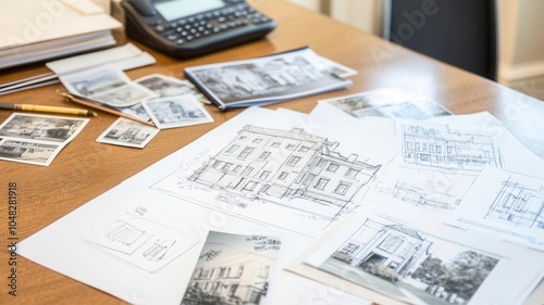 Client and architect discussing adaptive reuse of an old building, sketches and photos on desk